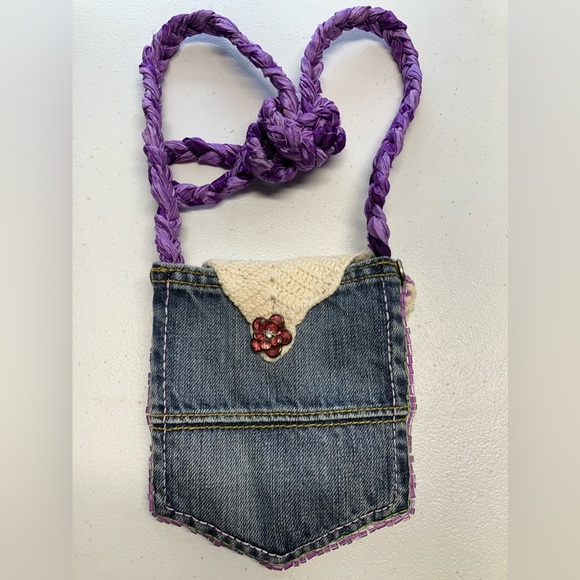 Handmade Upcycled Denim Crossbody Purse, Faded Blue Denim, Bling, Woven Strap - Picture 5 of 7